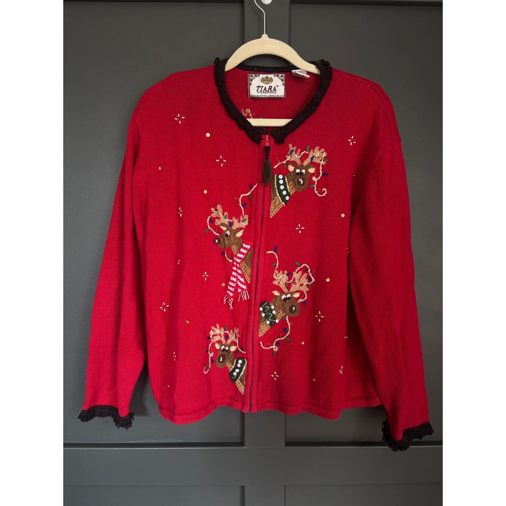 Vintage Tiara International Reindeer Christmas Cardigan Sweater L 2003 Zip Up